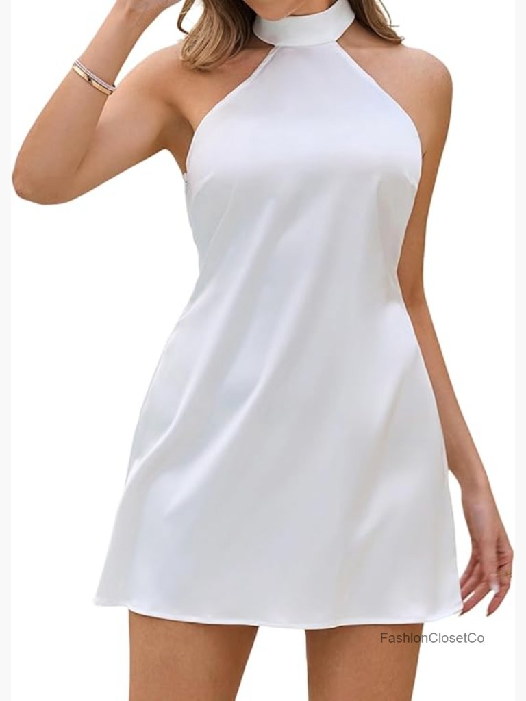 Sleeveless Satin Mini Dress Backless Halter Tie Bow Elegant Party Club